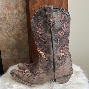 Laredo brown leather statement fun unique leopard print inlay cowgirl boots 10M